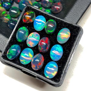 May include: A collection of twelve oval-shaped cabochon opals arranged in a black display box. Each gemstone features a dark base color with vibrant flashes of iridescent blue, green, orange, and red light reflecting from within the smooth surfaces.