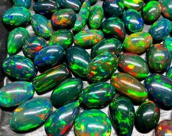 Natural Ethiopian Black Opal Cabochons Lot: Multi-Color Fire, Mix Shape AAA Grade Gemstone