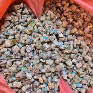 May include: A close-up shot of a red bag filled with rough opal stones. The opals are a mix of colors, including white, gray, and brown, with flashes of blue, green, and yellow. The stones vary in size and shape.