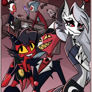 May include: A rectangular print featuring a group of animated characters. In the foreground, a red-skinned character with horns, a red-skinned character in a suit, and a grey wolf-like character. In the background, two characters sit on a sofa. Text reads We're Back!