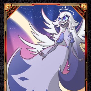 May include: A rectangular trading card featuring a stylized illustration of a winged figure with white hair and a halo, wearing a long blue and white gown. The card has a gold border, the text THE JOYBRINGER, 07/32, and 1ST EDITION at the bottom.