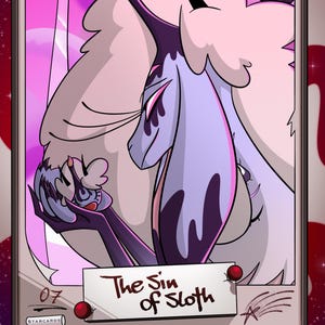 May include: A rectangular trading card featuring a stylized illustration of a pale purple creature with long ears and dark markings. The card displays the text '07', 'STARCARDS', and 'The Sin of Sloth' on a white label pinned to the bottom.