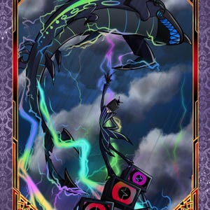 May include: A rectangular trading card titled FREE SHOK.WAV featuring a dark, stylized creature with glowing neon outlines and lightning bolts. A figure with a television head stands on a stack of monitors, reaching toward the creature. The border is ornate purple with gold accents, and the card is marked 27/32 1ST EDITION.