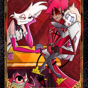 May include: Illustration of characters from Hazbin Hotel. The image features three main characters in a red and gold frame, with the text "THE FAMILY YOU CHOOSE (IS BETTER?)". The characters are in a bar setting, with mugs and a table.
