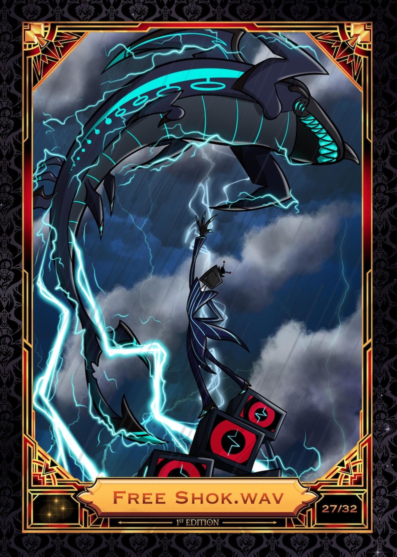 May include: A rectangular trading card featuring a dark, stylized creature with glowing cyan lightning accents and a television-headed figure standing on a stack of monitors. The text reads FREE SHOK.WAV and 1ST EDITION with the number 27/32.