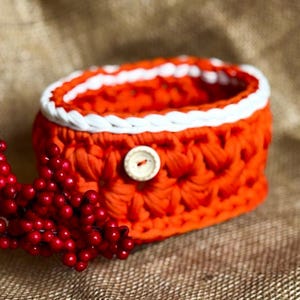 Orange Crochet Basket with Button – Handmade Cotton Yarn Bowl, Rustic Fall Decor, Small Storage Organizer, Cozy Gift Idea