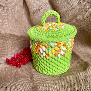 Lime Green Crochet Basket with Lid – Handmade Cotton Yarn Storage Box, Colorful Organizer, Bright Boho Gift, Functional Home Decor