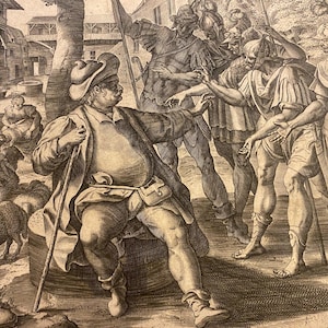 Peut inclure: Une gravure en noir et blanc antique représente un homme assis avec un bâton, entouré de personnages en tenue classique. Des moutons paissent à proximité. La scène suggère un récit historique ou biblique.