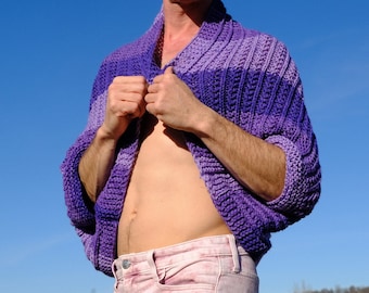 Hand-knit Shrug Purple Lavendar Stripes M