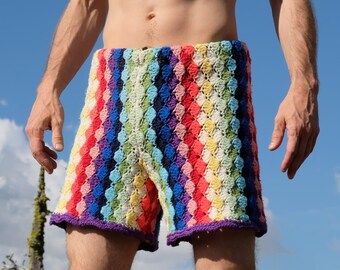 Crochet Shorts Rainbow Harlequin Stripes L