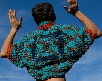Crochet Shrug Turquoise and Rust Ultra Fluffy M