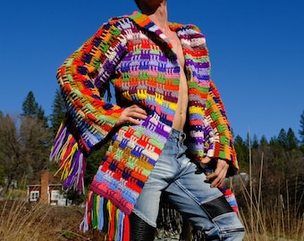 Crochet Sweater Robe Rainbow Basket with Fringe L