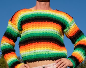 Crochet Sweater Neon Orange to Green Gradient M
