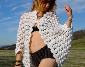 Crochet Shrug White Popcorn Stripes M