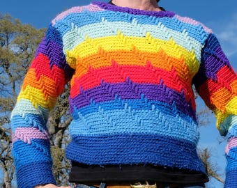 Crochet Pullover Rainbow Stripes M