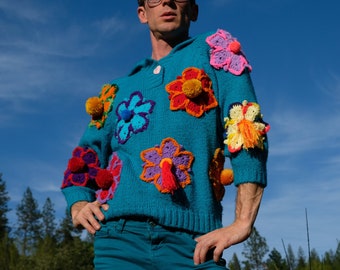 Crochet Sweater Hexagonal Flowers M
