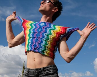 Crochet Crop Top Rainbow ZigZags Galactic Shoulders S