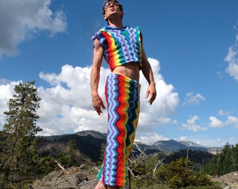 Custom Crochet Suit Rainbow Flare Pants and Intergalactic Crop Top