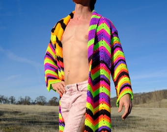 Crochet Sweater Robe Ultra Neon ZigZags M