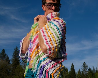 Crochet Shrug Rainbow Stripes with White Fringe L