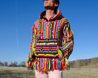 Crochet Baja Hoodie Rainbow Neon Stripes and Fringe M