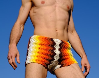 Crochet Shorts White to Orange ZigZag Gradient M