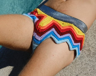 Crochet Rainbow Booty Shorts Swim Trunks