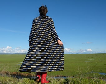 Crochet Sweater Robe Blue and Yellow Interference on Black