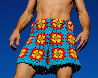 Crochet Shorts Bright Red Yellow Flowers on Turquoise Squares XL