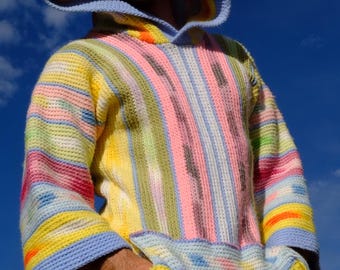 Crochet Hoodie Psychedelic Soft Pastel Stripes S Long