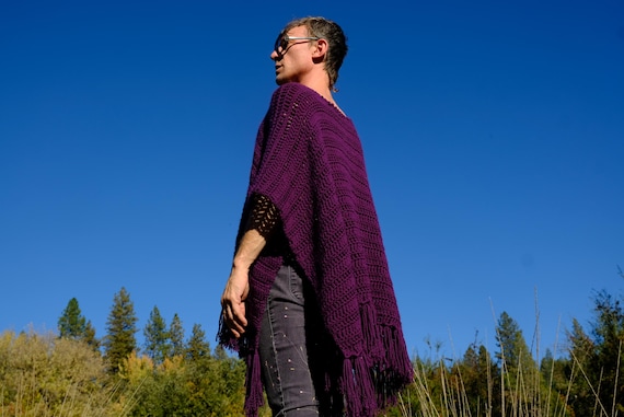 Crochet Poncho Deep Burgundy Wine Fringe M