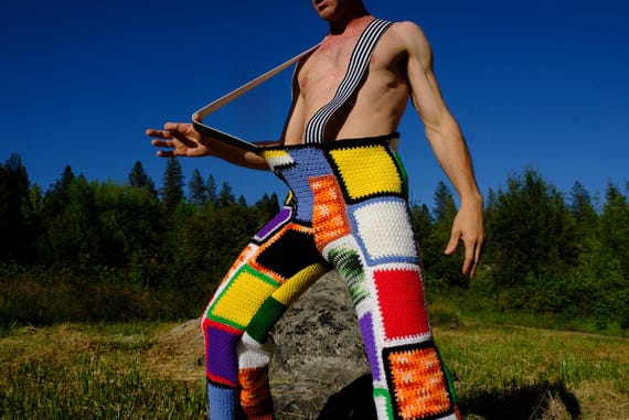 Crochet Overalls Multicolor Squares and Elastic Straps M