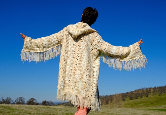 Crochet Sweater Robe Variegated White Fringe Hoodie M