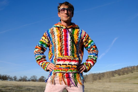 Crochet Baja Hoodie Wool and  Acrylic Rainbow Stripes on White M