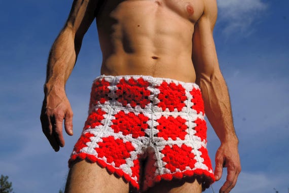 Crochet Booty Shorts Red and White Squares M
