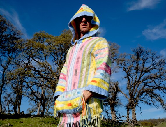 Crochet Hoodie Psychedelic Soft Pastel Stripes M