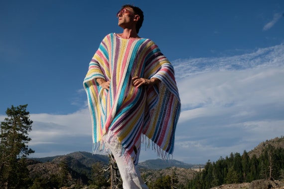 Crochet Poncho Bright White Pastel Stripes Fringe L Any Size