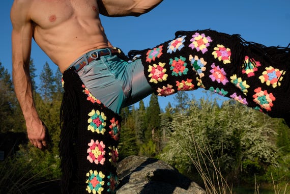 Crochet Chaps Multicolor Squares on Black with MegaFringe L