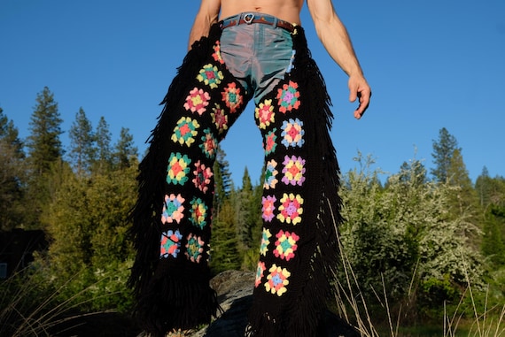 Crochet Chaps Multicolor Squares on Black with MegaFringe L
