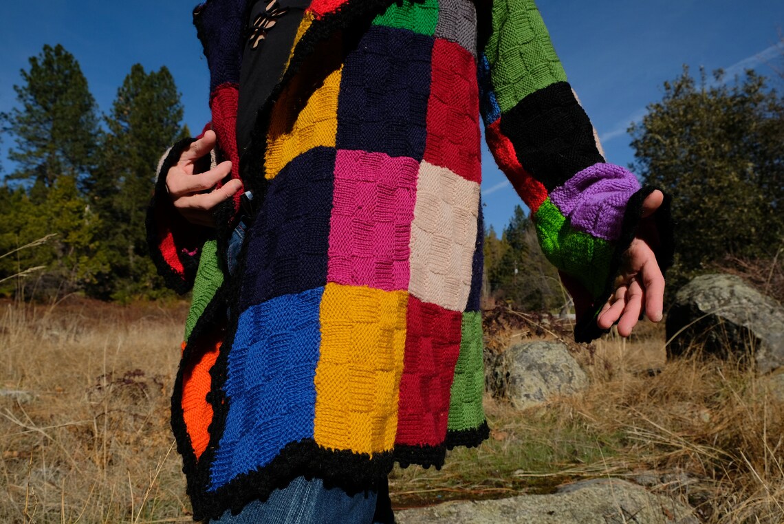 Knit Sweater Robe Patchwork Wool Squares L Etsy