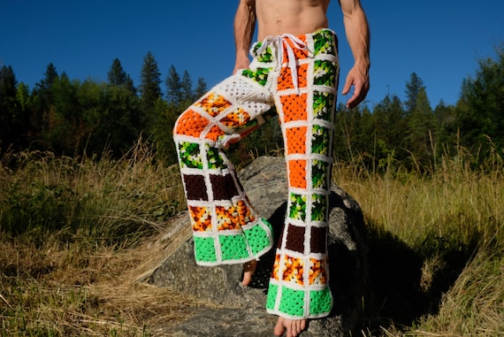 Crochet Pants Green and Orange Squares on White L