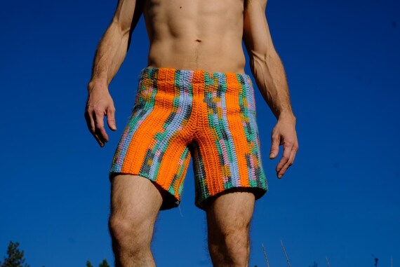 Crochet Shorts Orange Stripes and Turquoise Elastic Waist M