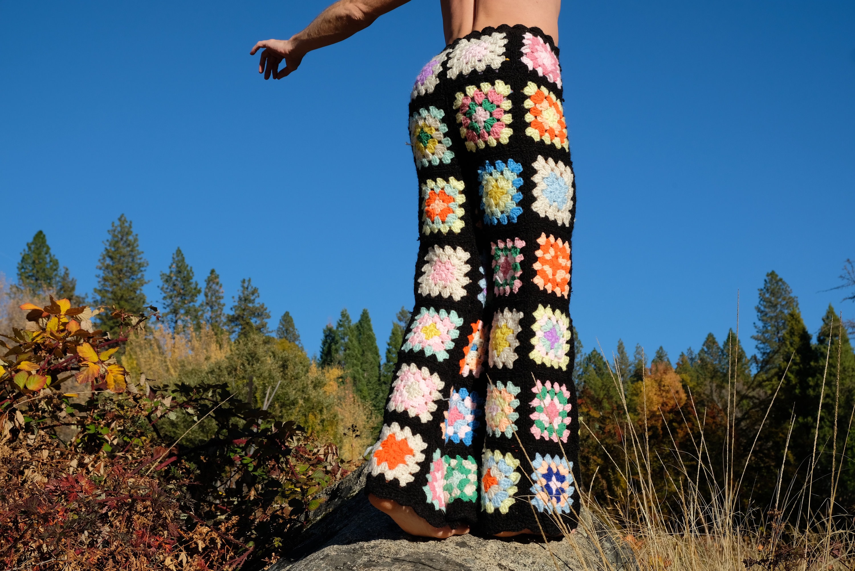 Crochet Pants Multicolor Squares on Black M/L High Waist