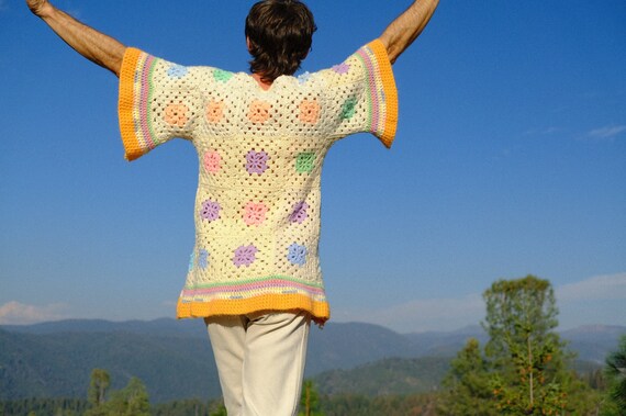 Crochet Sweater Dress Pastel Squares Peach Borders M