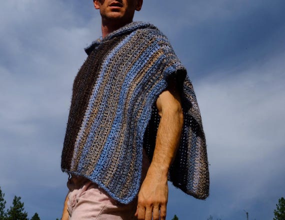 Crochet Poncho Ultra Soft Earth Tones Gray Hoodie M