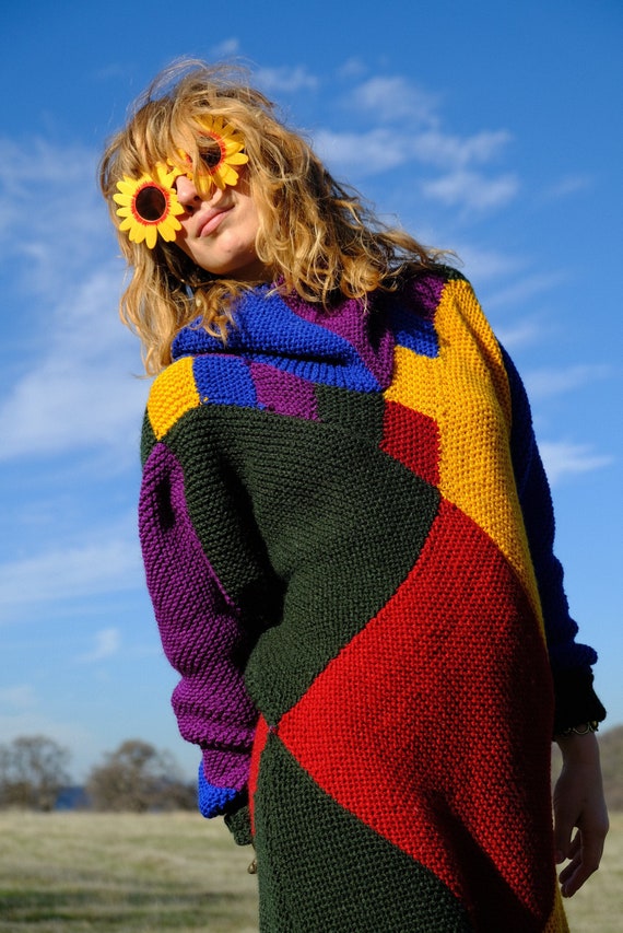 Knit Sweater Dress Color Multicolor Diamonds and Turtleneck L