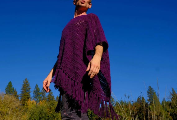 Crochet Poncho Deep Burgundy Wine Fringe M