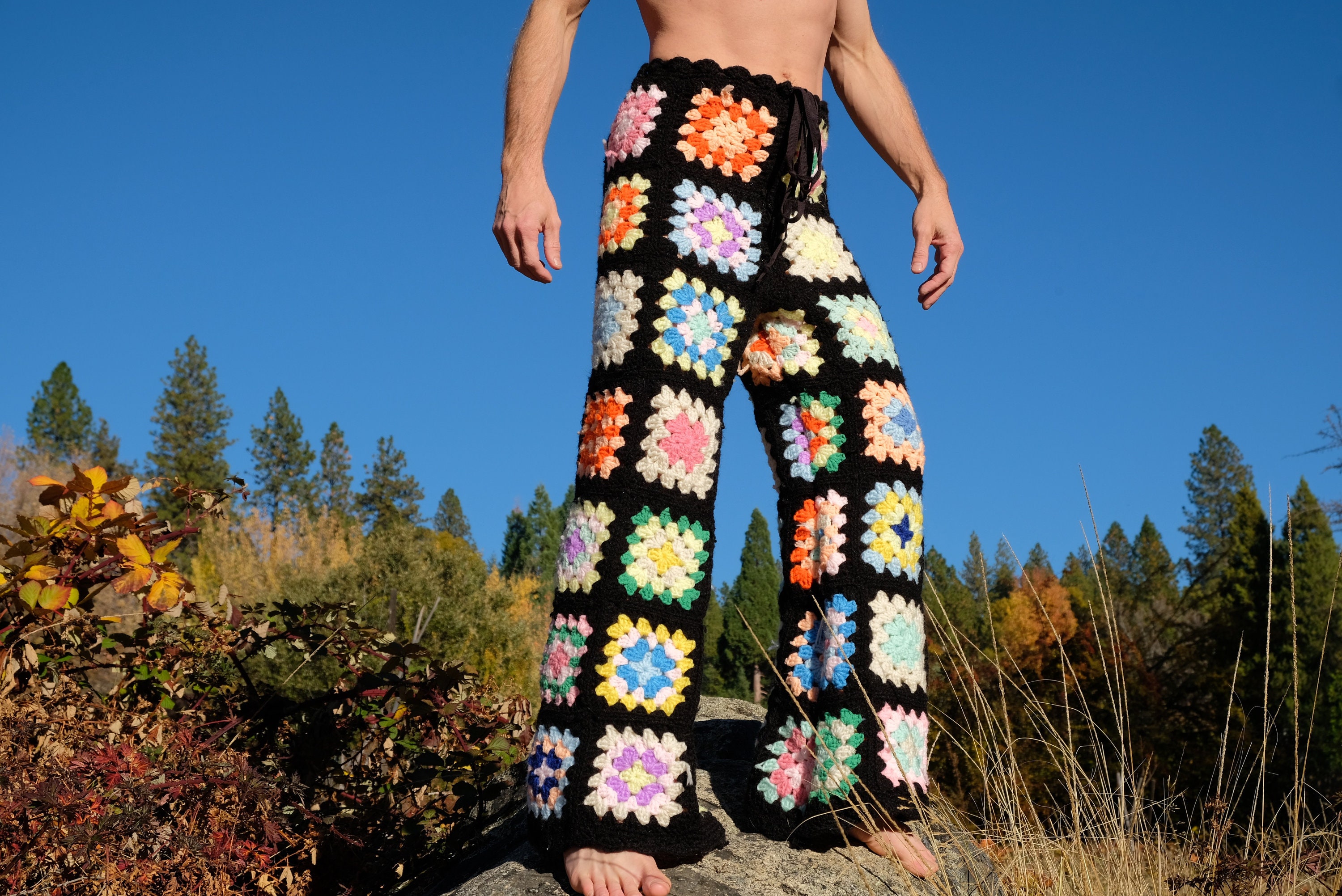 Crochet Pants Multicolor Squares on Black M/L High Waist