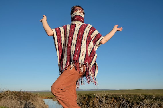 Crochet Poncho Variegated Stripes and Turtleneck