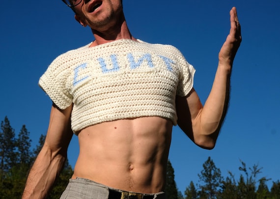 Crochet Crop Top CUNT Backwards N Light Blue Lettering on White M
